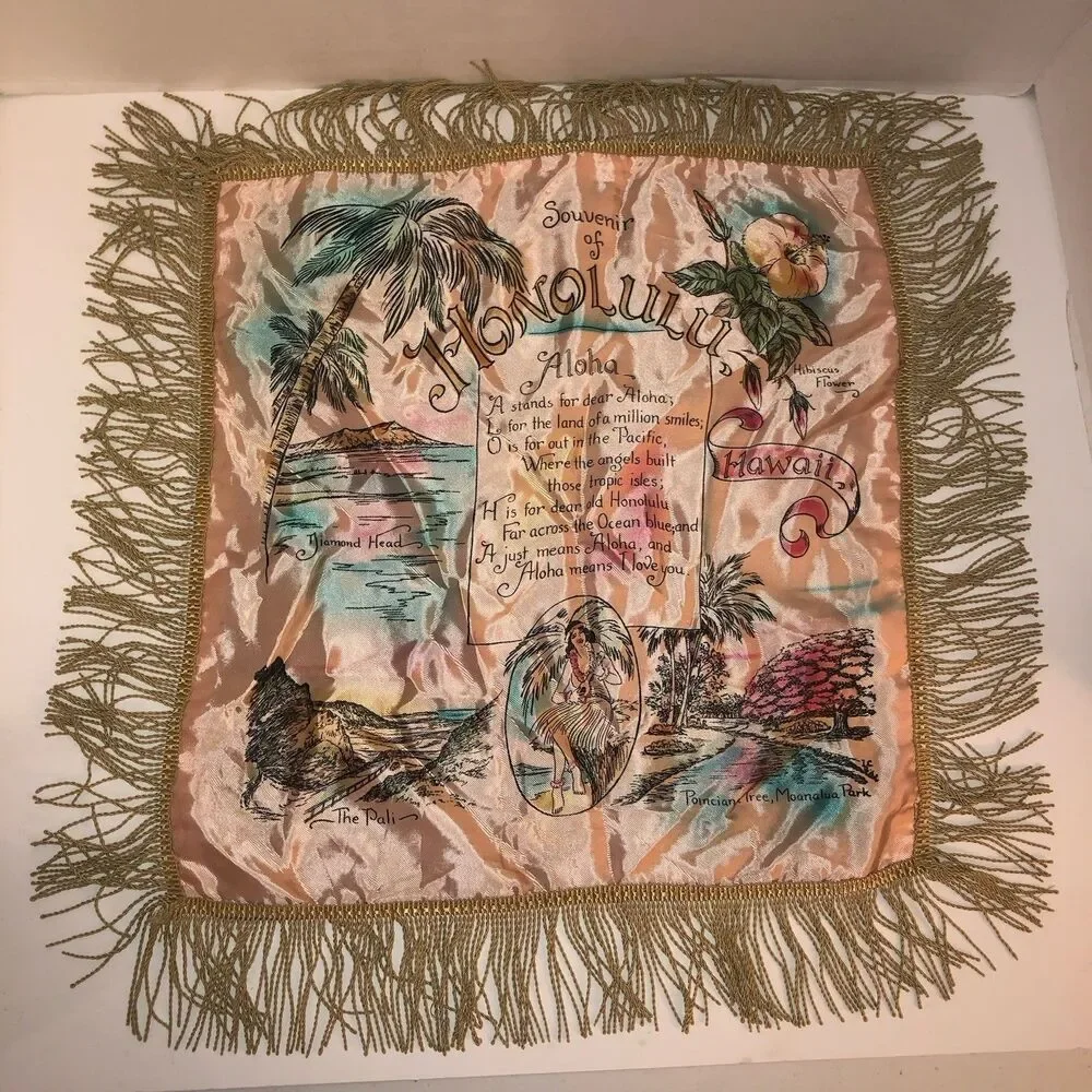 Vintage Honolulu Hawaii Satin Souvenir Pillow Cover Fringe Aloha Mid Century